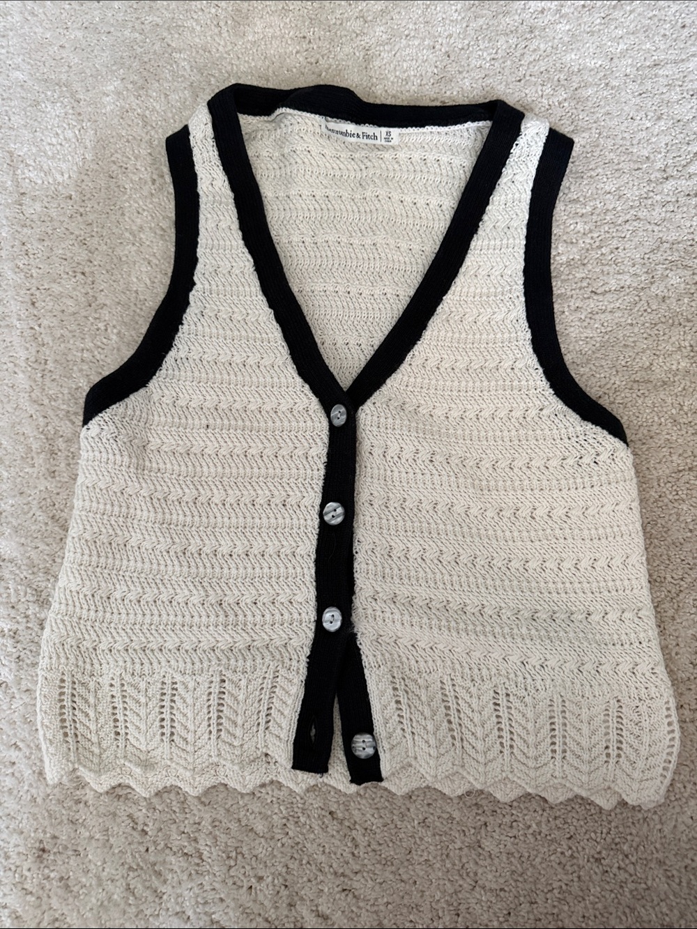 Abercrombie & Fitch Cream V-Neck Button Front Sweater Vest with Black Trim